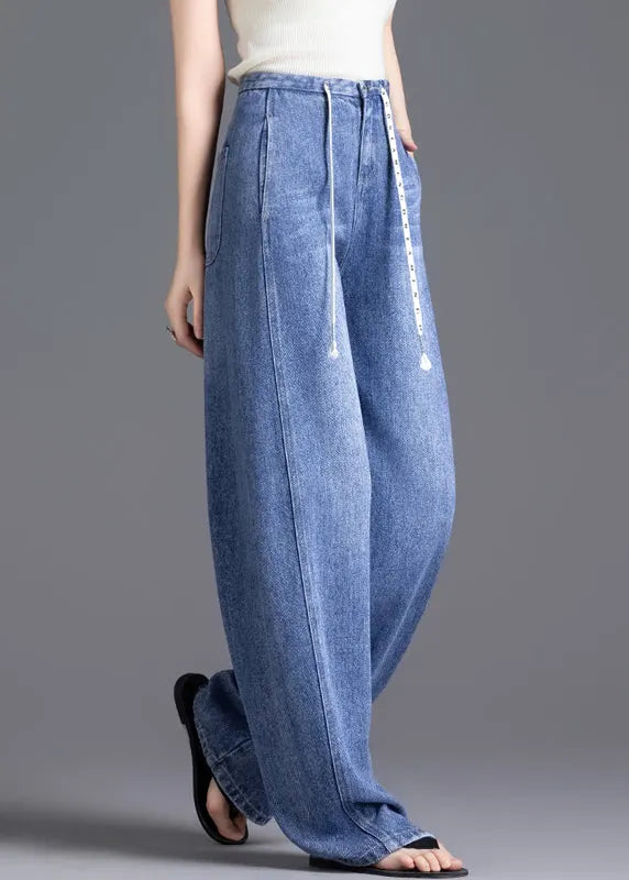 Diy Blue High Waist Drawstring Denim Pants Spring