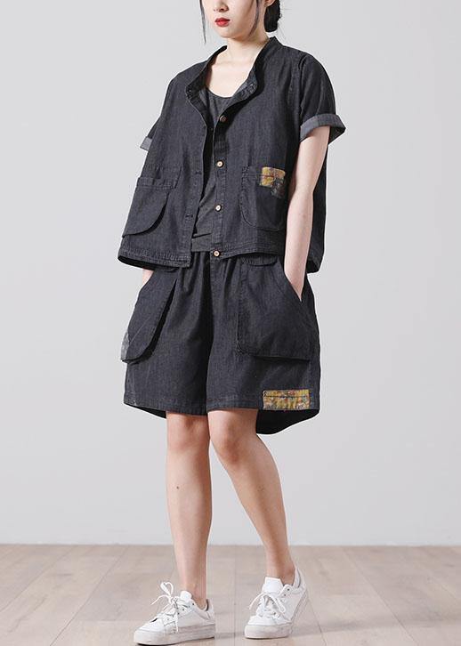 French Pockets Hot Pants Denim Black Short Sleeve Two Pieces Set