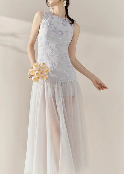Natural Colorblock Print Tulle Patchwork Long Dress Sleeveless