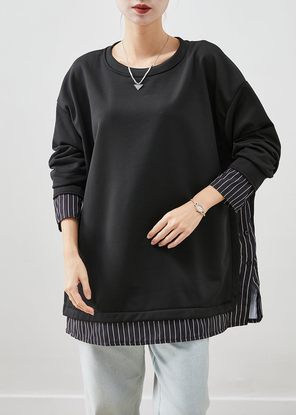 Black Oversized Patchwork Striped Cotton Sweatshirt Fall