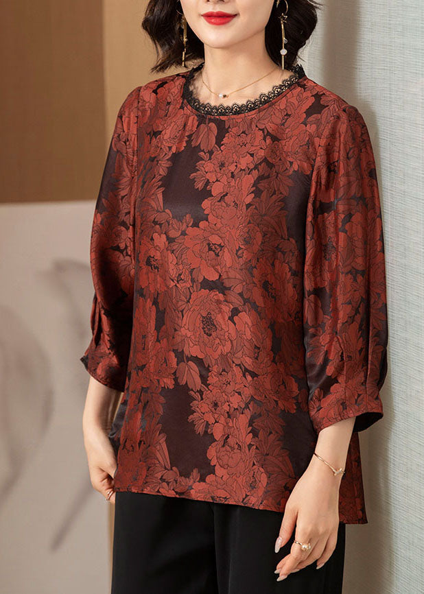 Brick Red O-neck Lace Patchwork Draping Silk Shirt Top Bracelet Sleeve