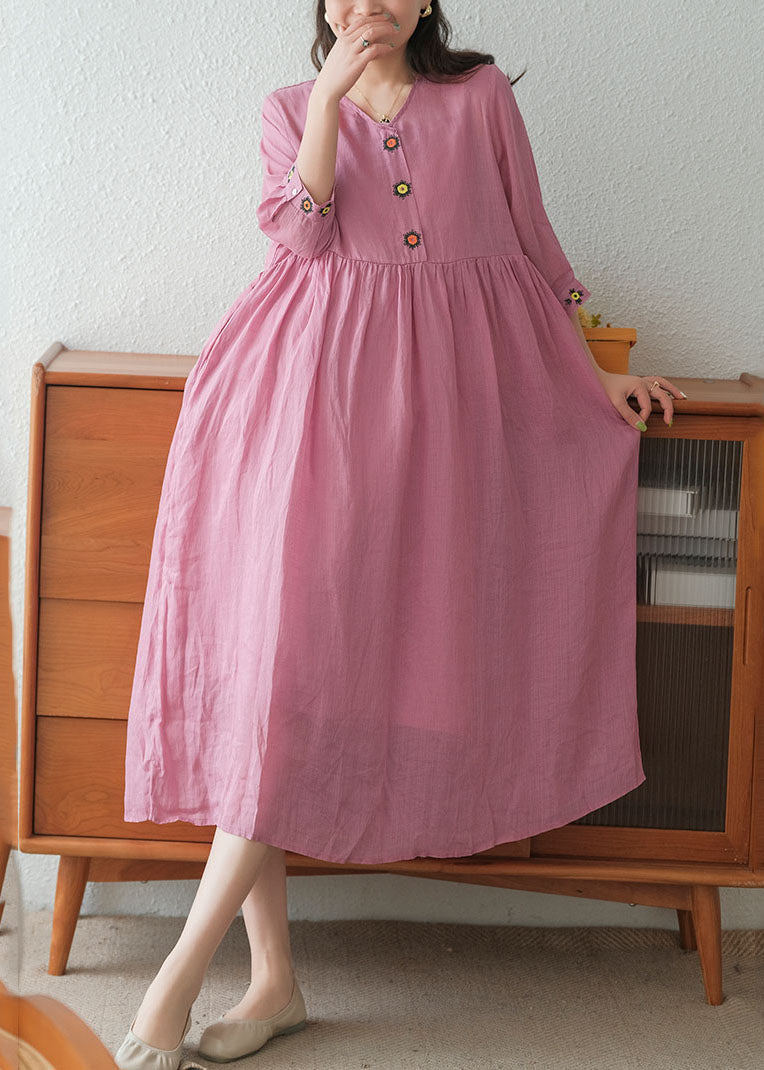 Rose Linen Long Dress and Spaghetti Strap Dress Two Pieces Set Embroideried Short Sleeve