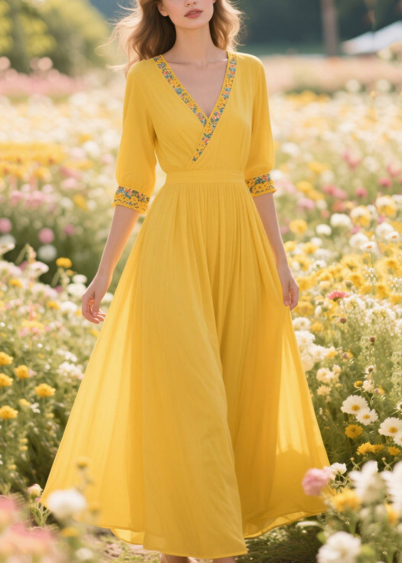 Yellow Patchwork Print Chiffon Holiday Dress Summer