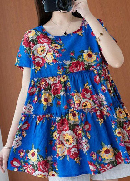 Fine Blue Print O-neck Short Sleeve Cotton Linen Top Summer