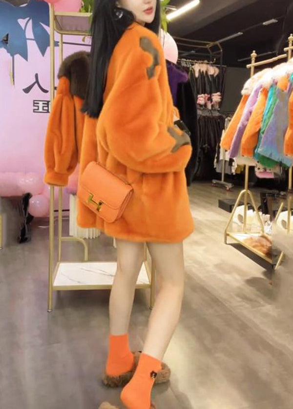 Loose Orange V Neck Pockets Mink Hair Jackets Winter