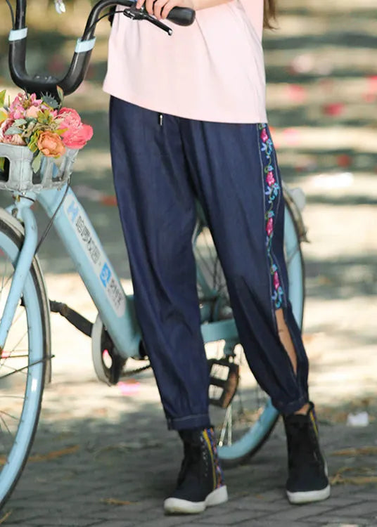 Denim Blue Embroideried High Waist Cotton Lantern Pants Summer