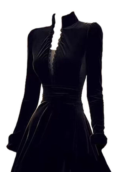Black Stand Collar Patchwork Slim Fit Velour Dresses Spring