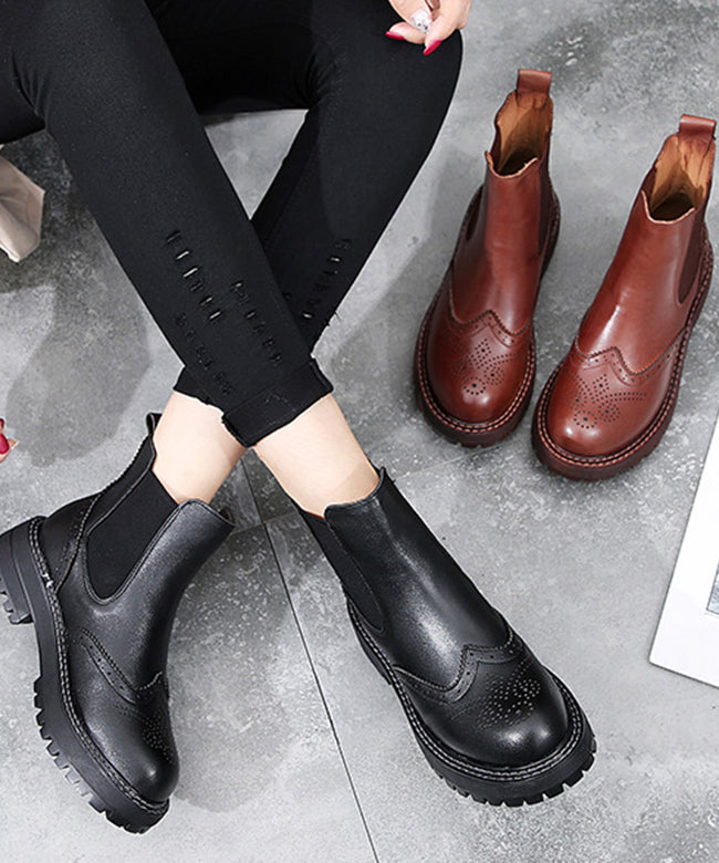 Black Chunky Cowhide Leather Hollow Out Boots