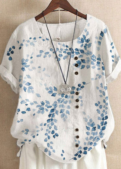 Yellow O-neck Embroideried Linen Tops Short Sleeve