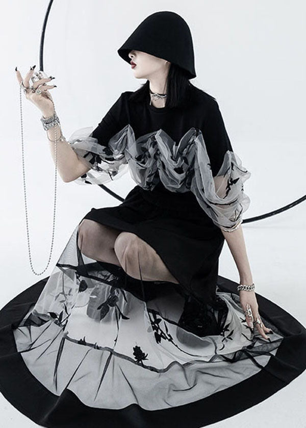 Black Elastic Waist Hollow Out Tulle Patchwork Cotton a Line Skirts Summer