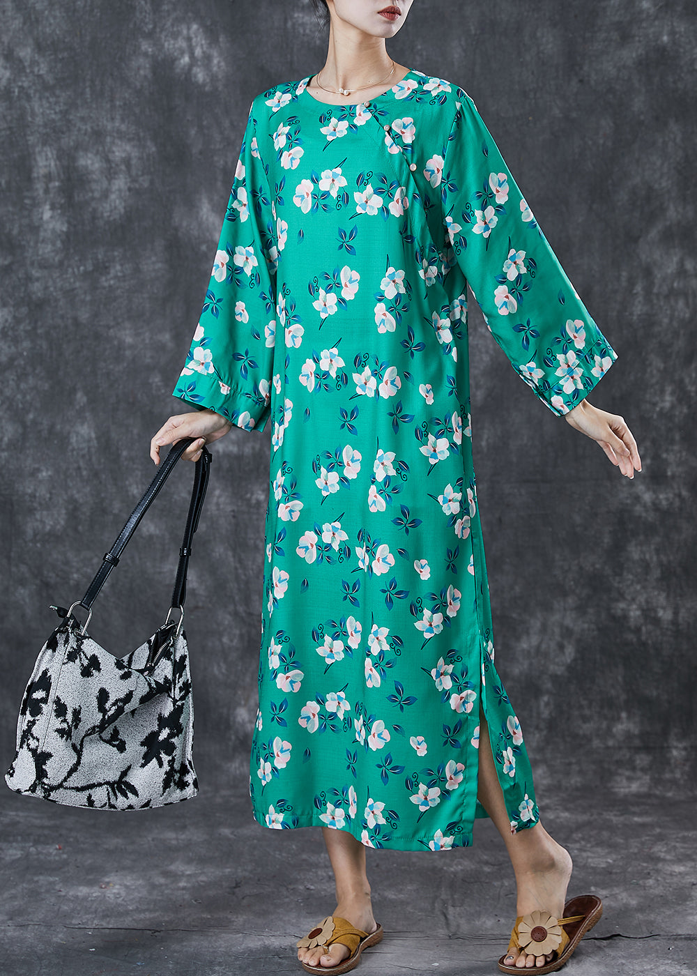 Green Print Side Open Cotton Long Dresses Spring