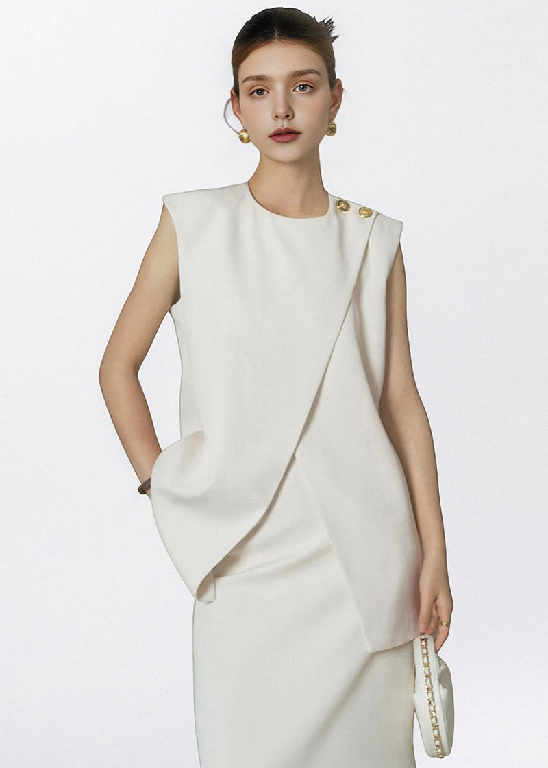Italian Beige O Neck Side Open Two Pieces Set Sleeveless
