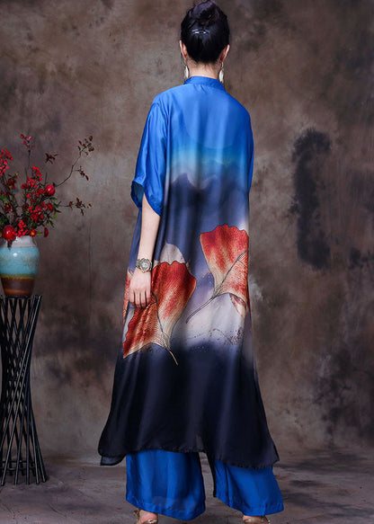 Blue Print Silk Long Shirt and Straight Pant Two Pieces Set Stand Collar Side Open Summer