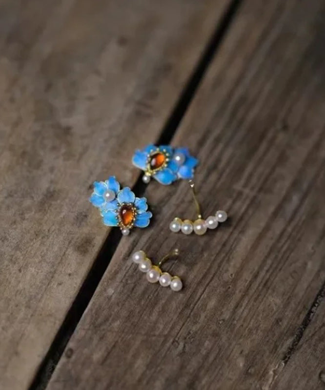 Blue Sterling Silver Overgild Gem Stone Pearl Enameling Tassel Stud Earrings