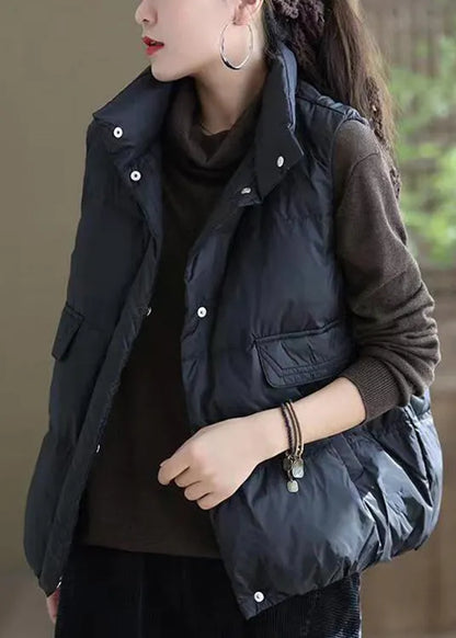 French Grey Stand Collar Button Pockets Duck Down Waistcoat Sleeveless