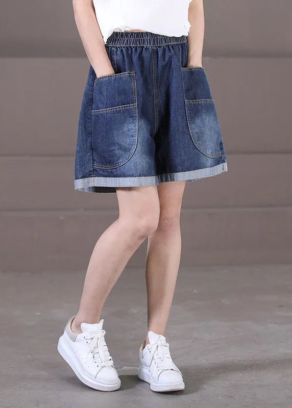 Denim Blue Elastic Waist Pockets Cotton Wide Leg Shorts Summer