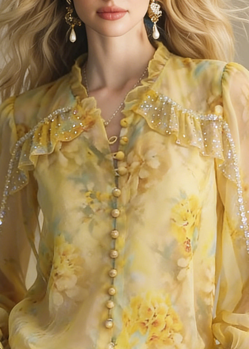 Handmade Yellow Ruffled Zircon Chiffon Button Shirt Spring