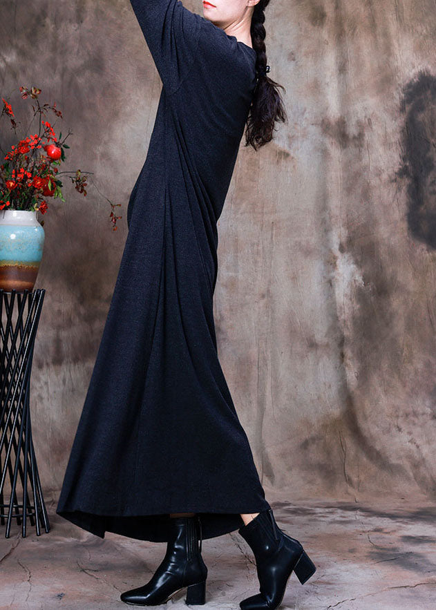 Art Dark Grey O-neck Side Open Asymmetrical Velour Long Dresses Spring