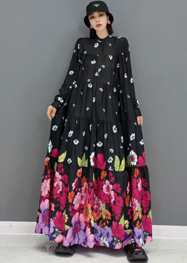 Black Stand Collar Print Cotton Long Dress Long Sleeve