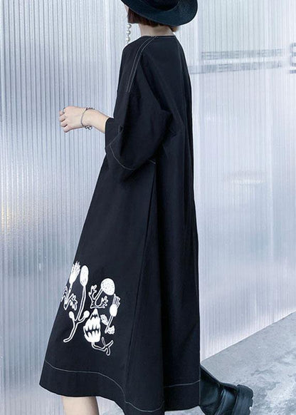 Stylish Black Embroideried Button Asymmetrical Design Fall Long Sleeve Dresses