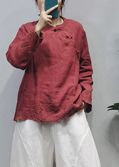 Red Stand Collar Linen Blouse Tops Long Sleeve