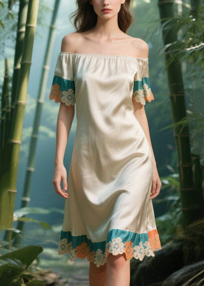 Apricot Cold Shoulder Patchwork Silk Strapless Dress Summer