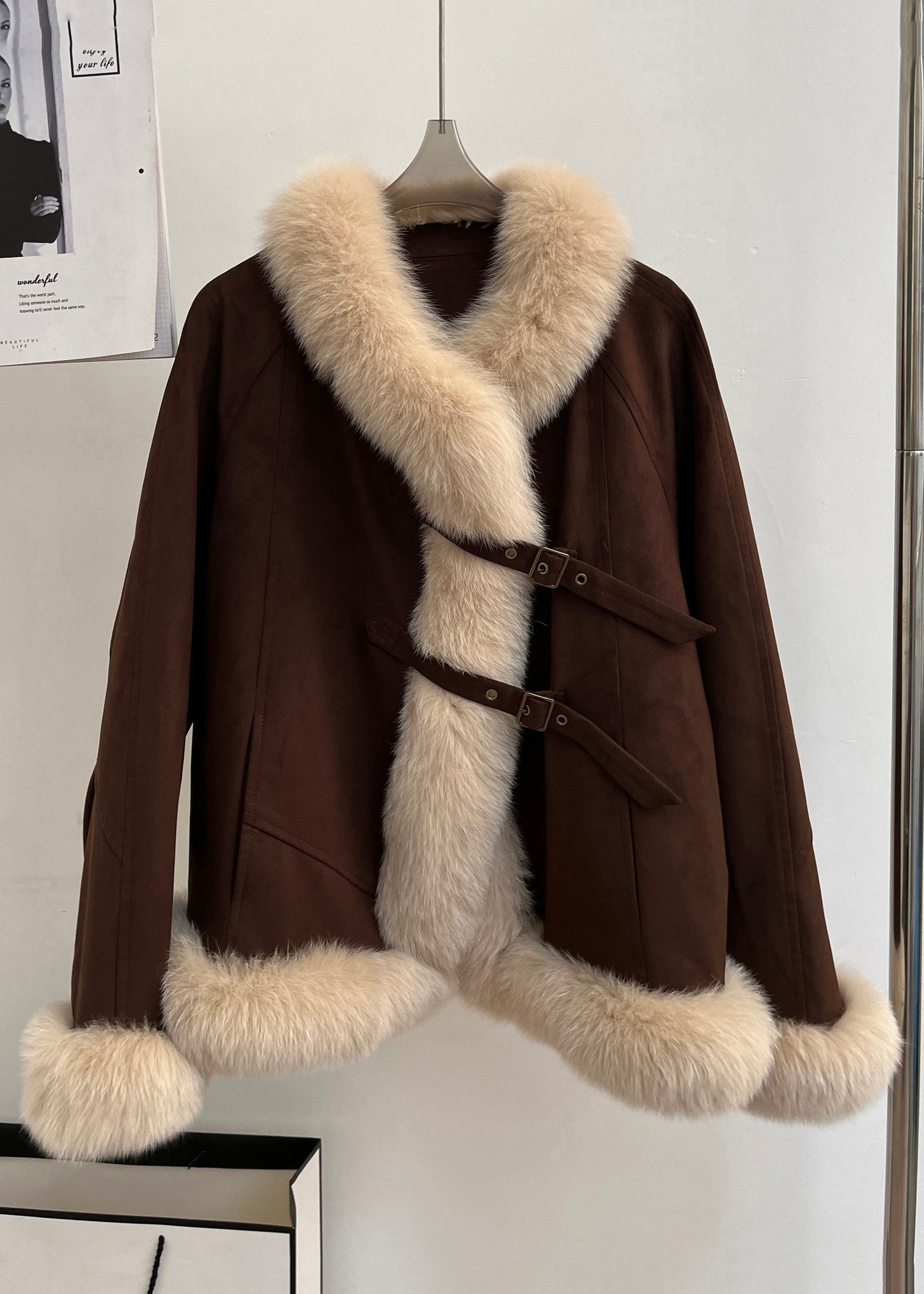 Brown Fox Collar Pockets Patchwork Duck Down Coats Winter