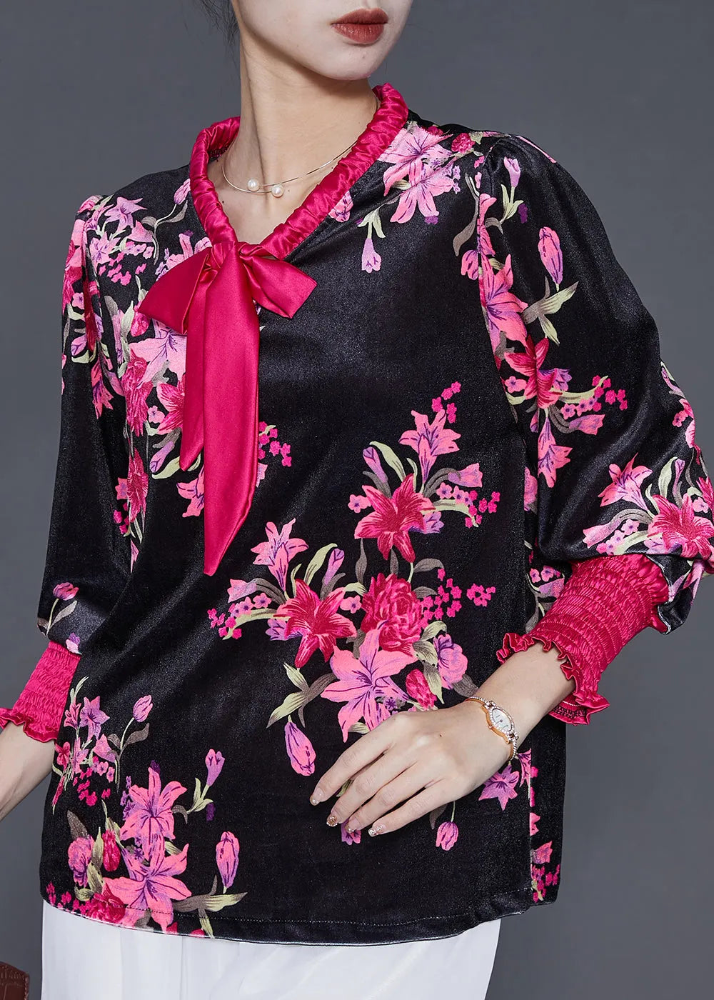 Diy Black Bow Collar Print Silk Velour Shirt Spring