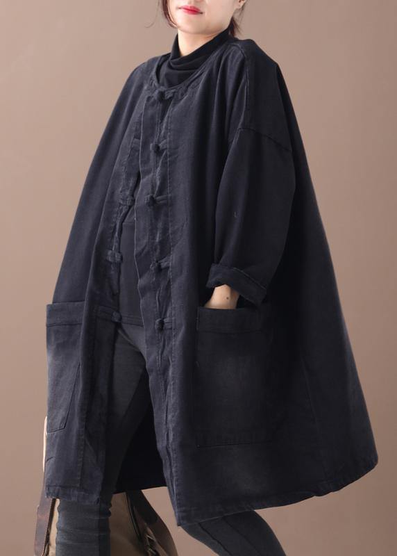 Style Denim Black Fine Clothes for O Neck Chinese Button Outwear