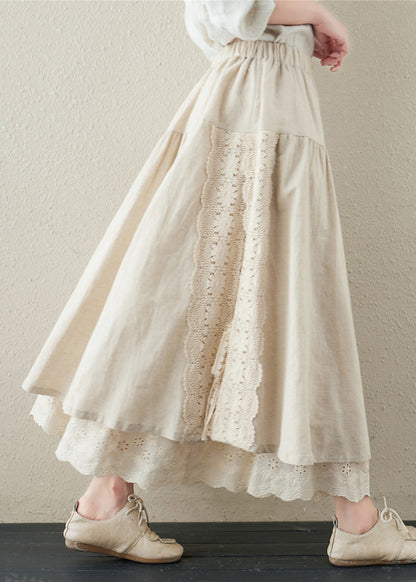 Brief Khaki Embroideried Patchwork Elastic Waist Linen a Line Skirt Summer