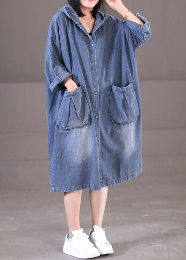 Denim Blue Hooded Pockets Cotton Long Dress Long Sleeve