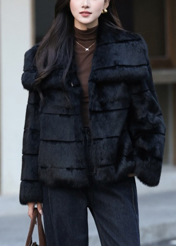 Classy Coffee Peter Pan Collar Plaid Leather and Fur Coat Winter