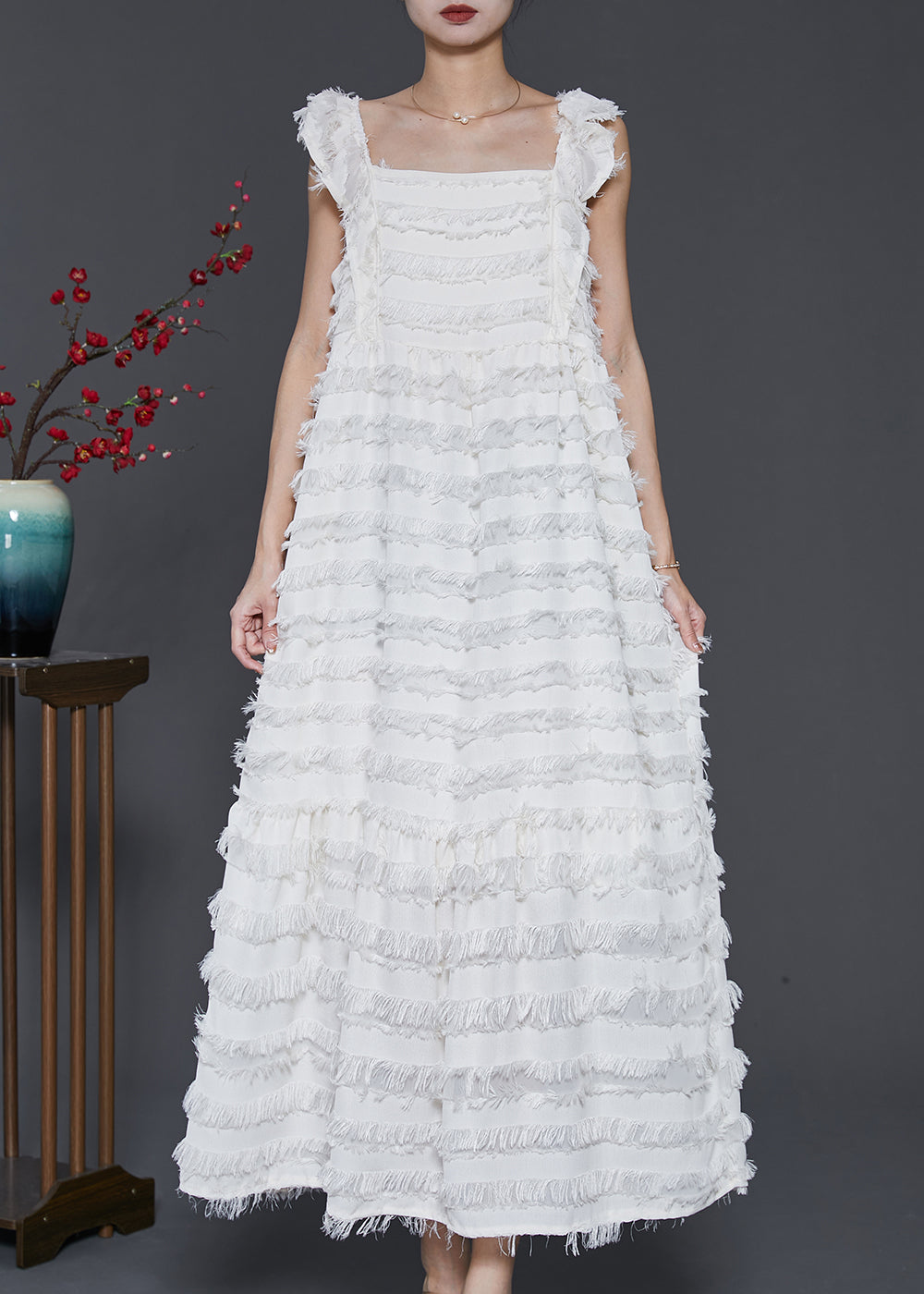White Tasseled Cotton Summer Dresses Sleeveless