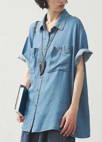 Blue Peter Pan Collar Pockets Button Denim Shirts Summer