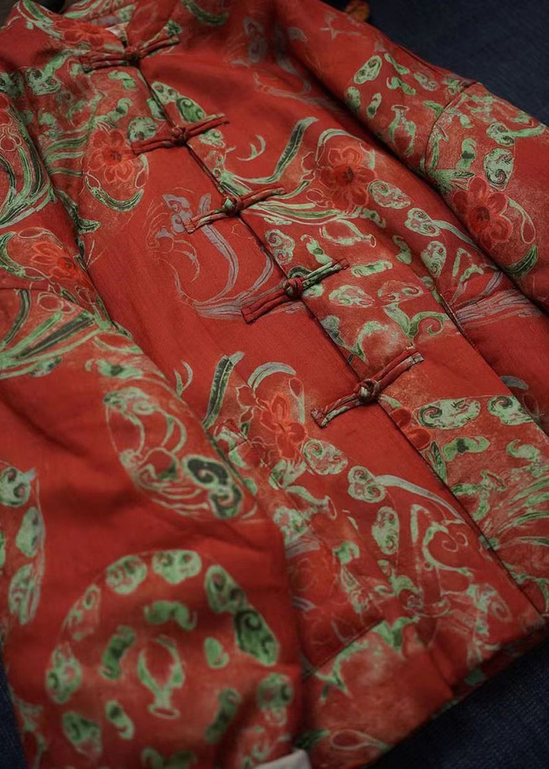 Orange Print Chinese Button Fine Cotton Filled Coats Winter