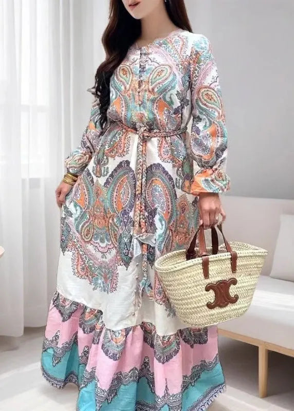 Loose O Neck Print Tie Waist Patchwork Cotton Shirts Dresses Spring
