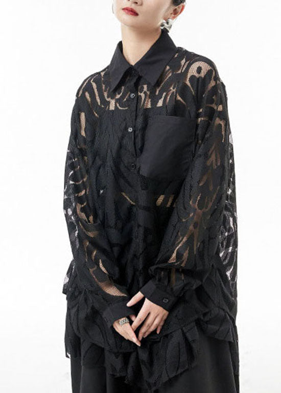 Simple Black Button Peter Pan Collar Patchwork Lace Shirts Spring