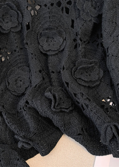 Black Three-dimensional Knit Pullover Hollow Out Fall