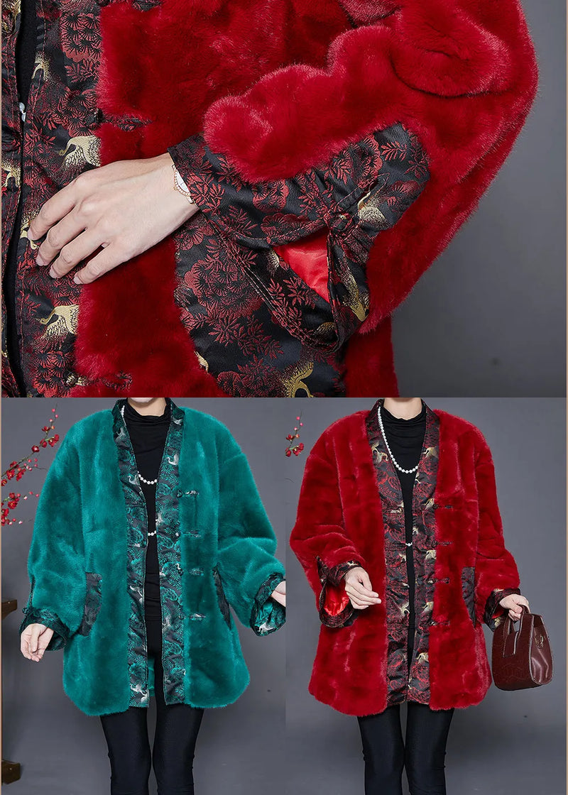 Mulberry Patchwork Faux Fur Coat Chinese Button Winter