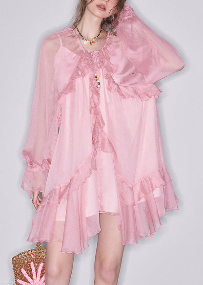 Art Pink Ruffled Lace Up Chiffon Two-piece Set Butterfly Sleeve