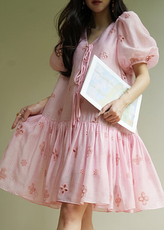 Pink Embroidered Tie Lace Mid Dress Summer