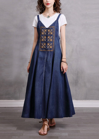 Blue V Neck Embroideried Spaghetti Strap Cotton Long Dress Sleeveless