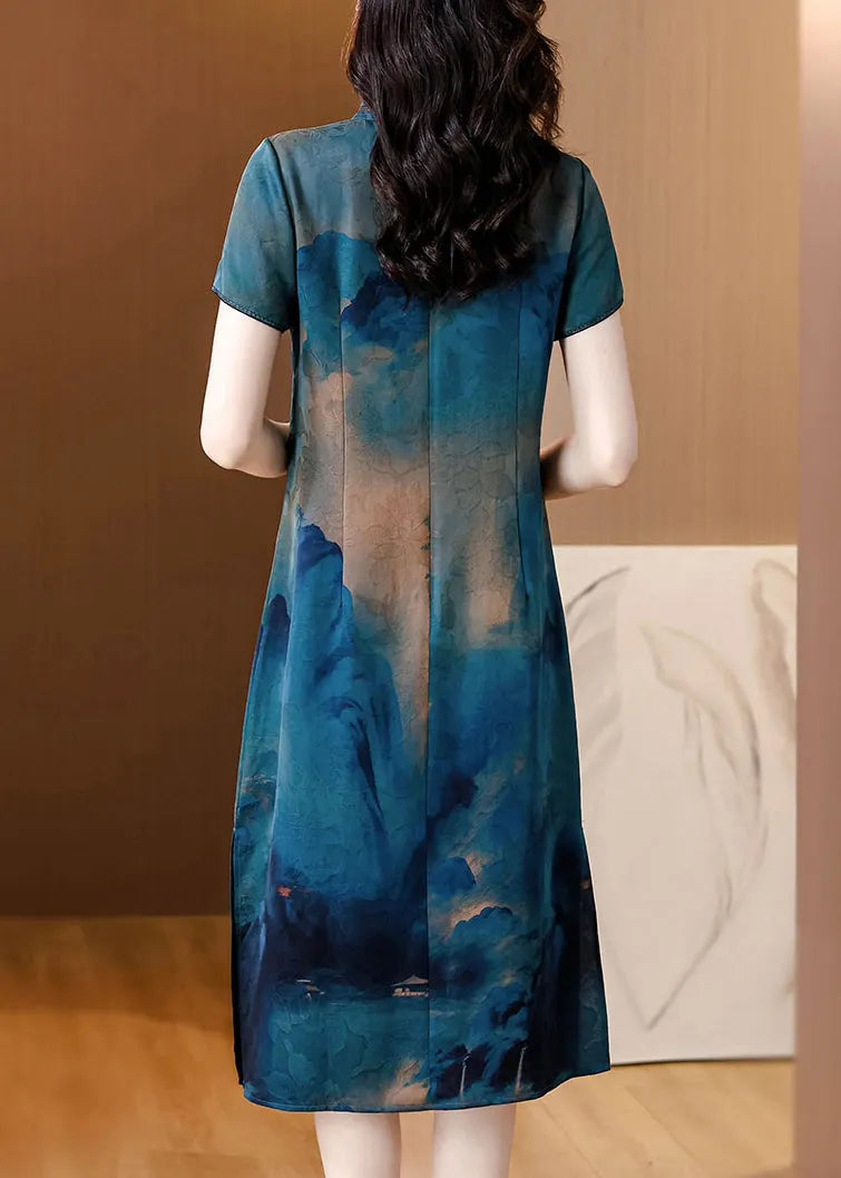 Blue Stand Collar Tasseled Print Silk Dress Summer