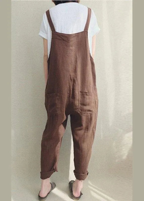 Color Cotton Strappy Pocket Loose Harem Jumpsuit