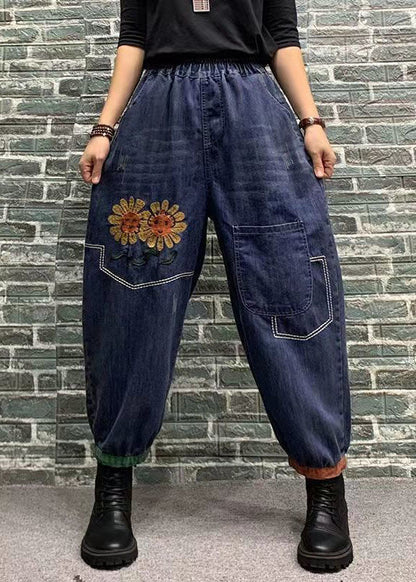 Blue Print Patchwork Elastic Waist Denim Crop Pants Spring