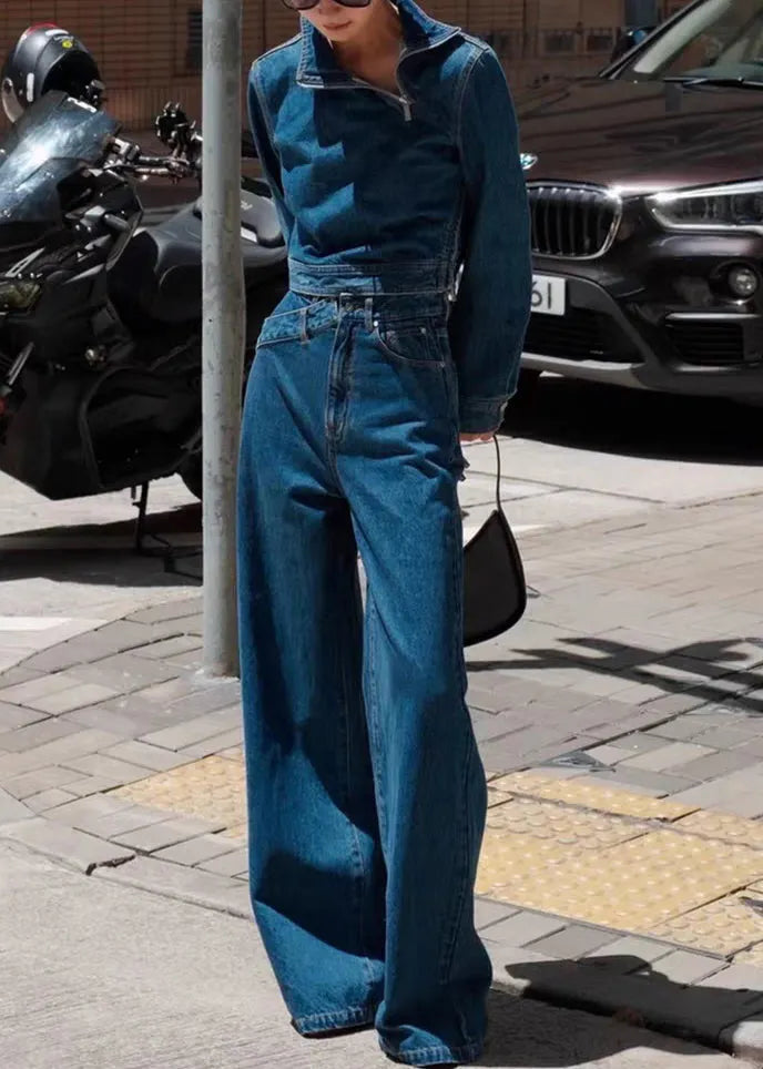 Modern Blue Stand Collar Zippered Pockets Denim Two Pieces Set Fall