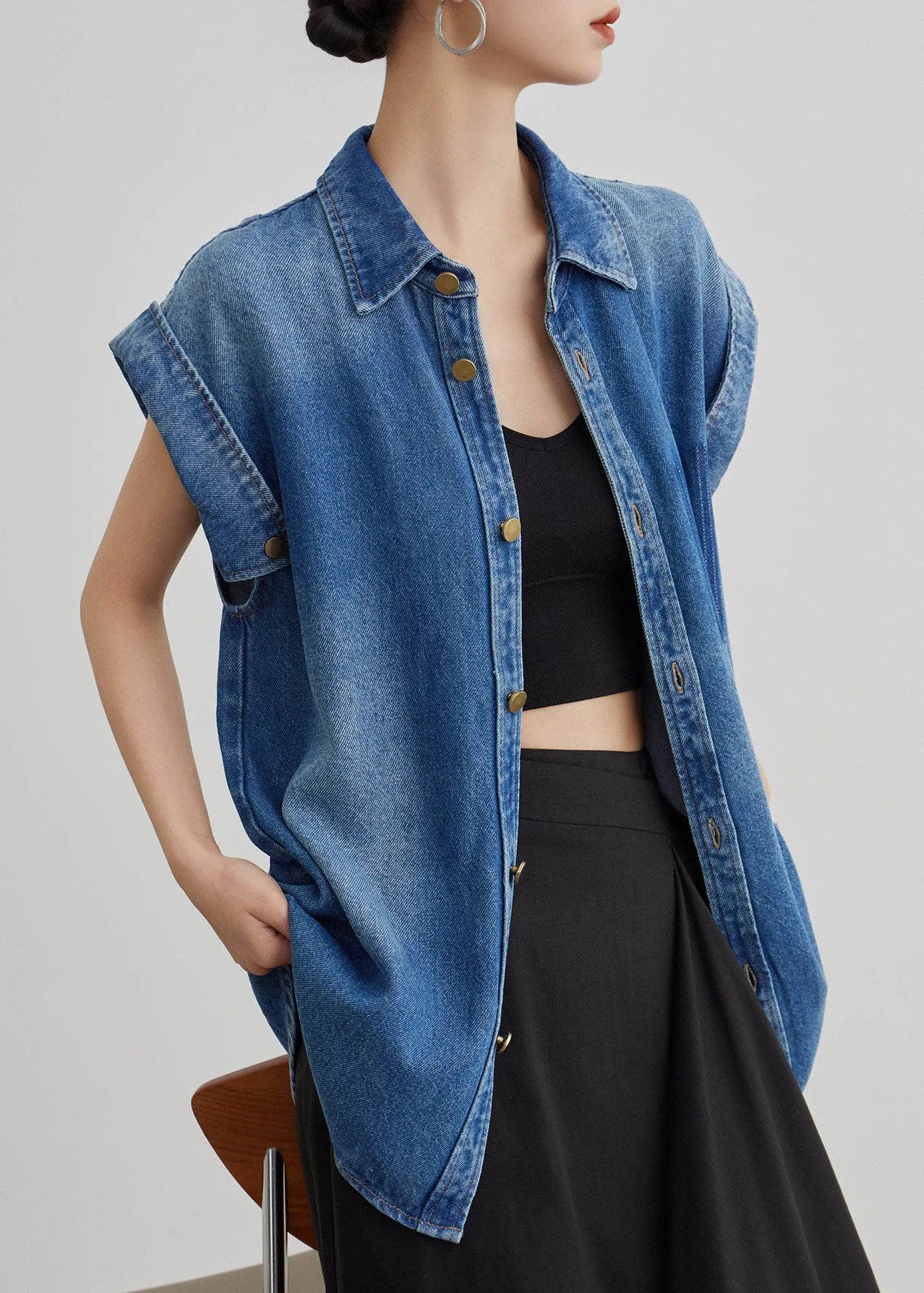 Blue Peter Pan Collar Button Denim Shirt Coat Summer