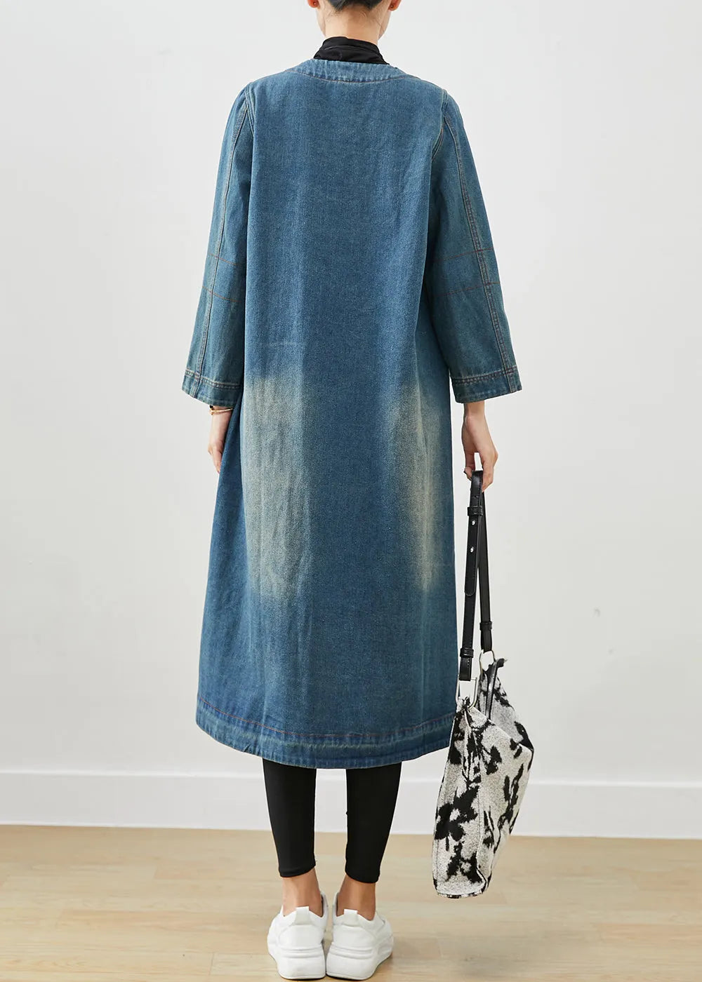 Diy Denim Blue O-neck Pockets Cotton Trench Coat Fall