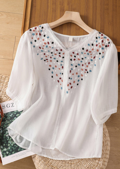 White Embroideried Patchwork Lace Linen Shirt Short Sleeve