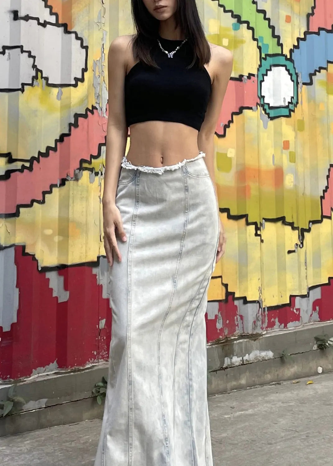 European and American Style Light Blue Denim Maxi Skirts Fall